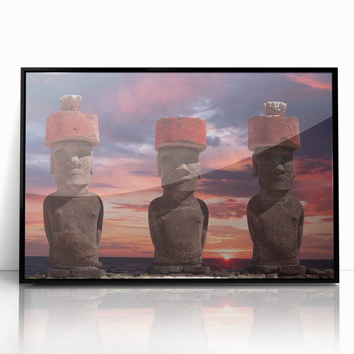 Large abstract wall art depicting Easter Island statues in muted earth tones on a framed acrylic.