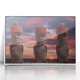 Acrylic print of Easter Island scenery with muted earth tones, framed in white, suitable for modern art wall decor.