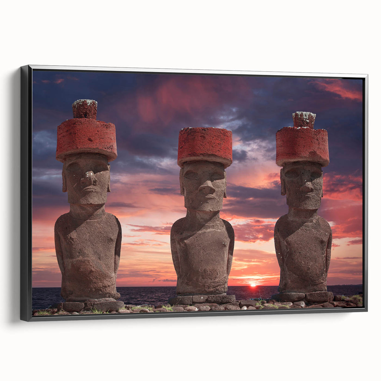 Black and white framed canvas of Easter Island landscape, ideal for bedroom wall decor.