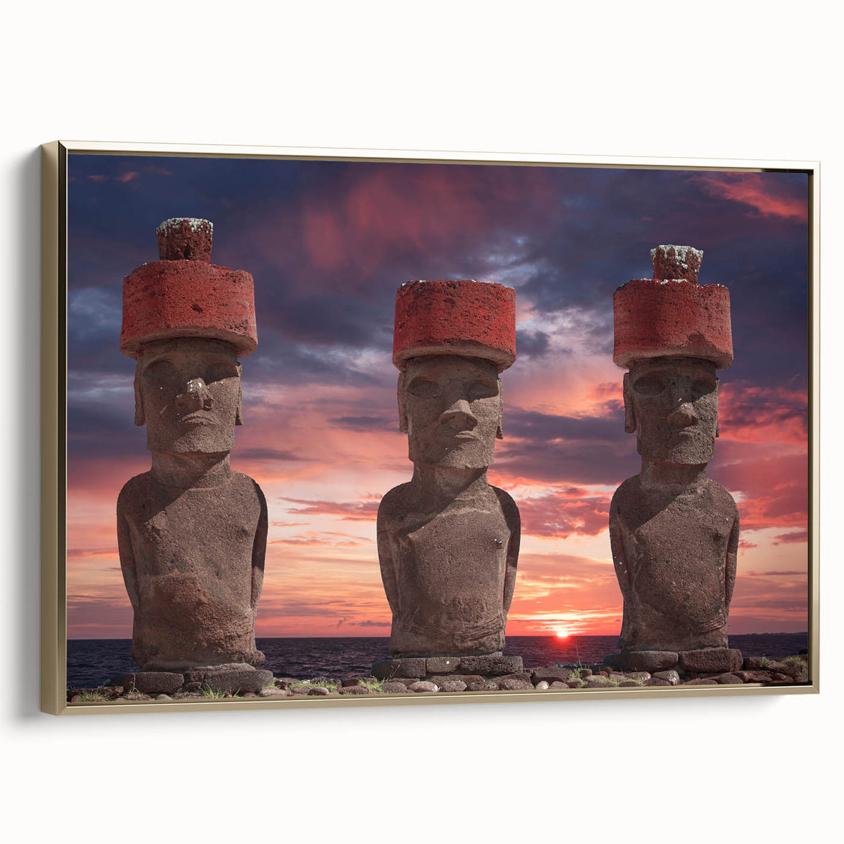 Framed canvas wall art depicting Easter Island statues in monochrome, ideal for bedroom decor.