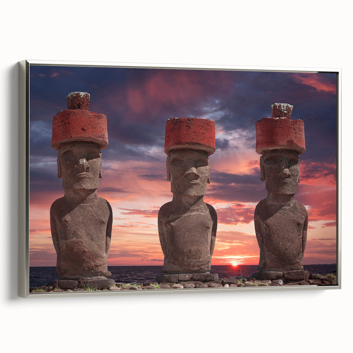 Framed canvas of Easter Island landscape with muted earth tones, ideal for adding a vintage touch to any room.