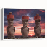 Vintage poster art of Easter Island statues on framed canvas, featuring muted earth tones, ideal for living room decor.