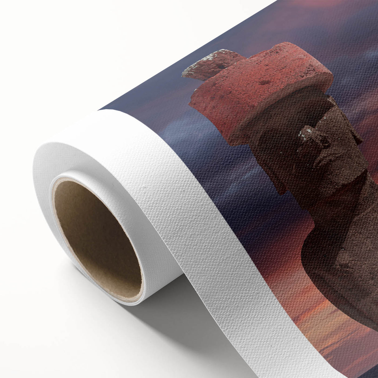 Art Deco poster of Easter Island statues in muted earth tones on rolled canvas, ideal for nursery wall art.