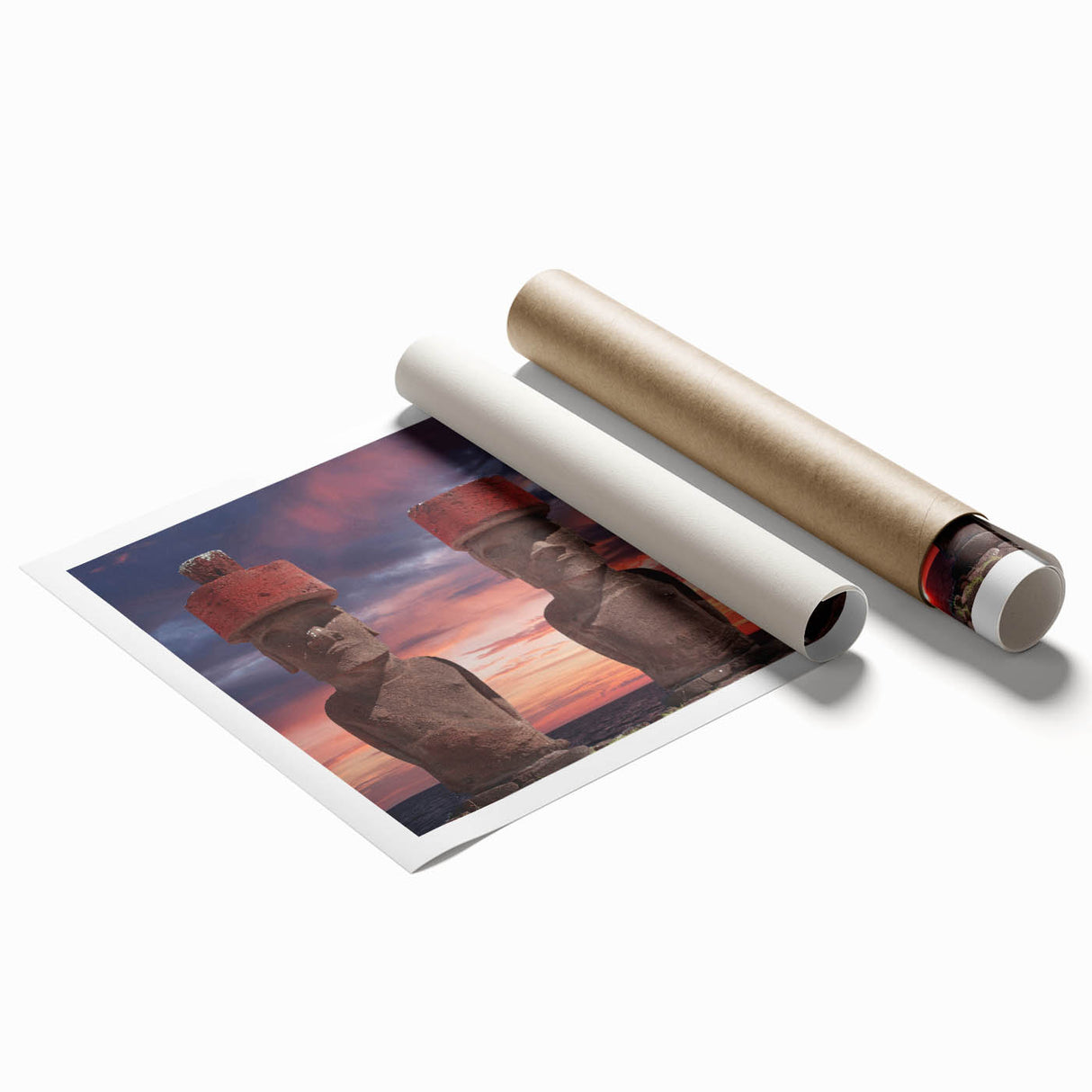 Rolled print of Easter Island scenery with muted earth tones, ideal for classy bathroom wall art.