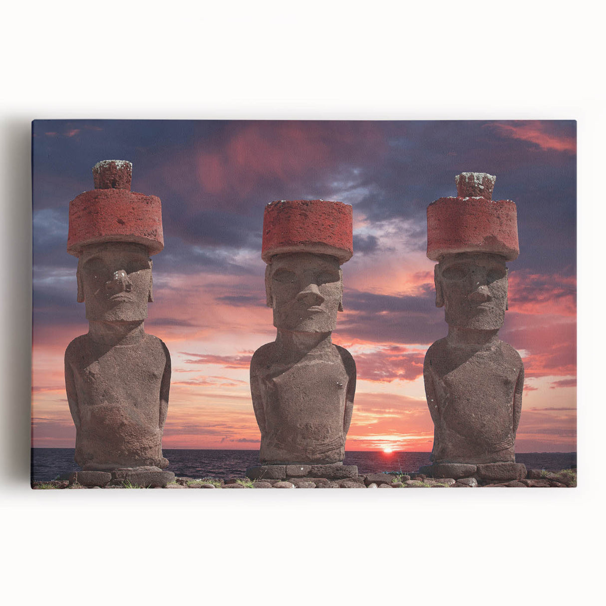 Black and white print of Easter Island statues on stretched canvas, suitable for kitchen wall art.