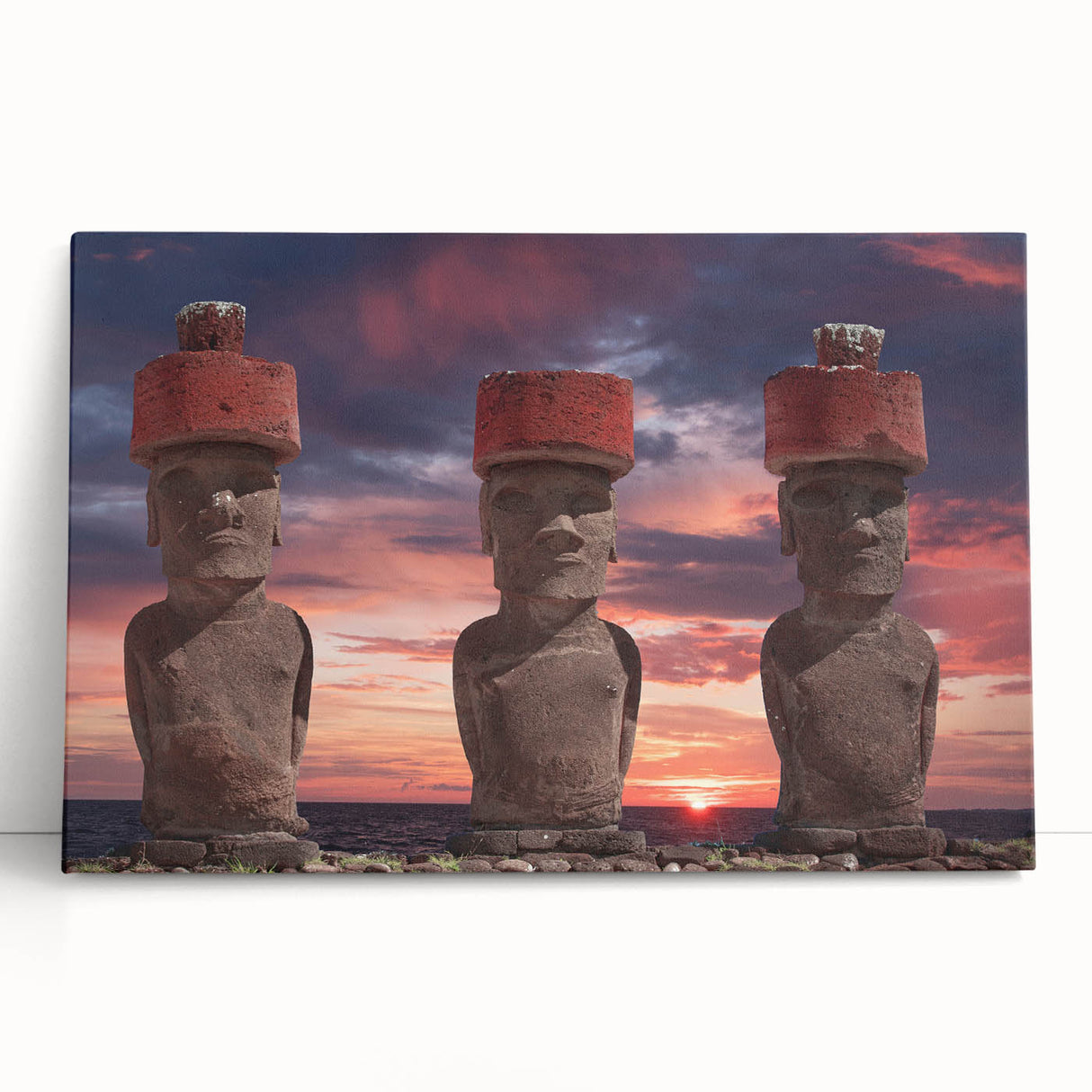 Black and white image of Easter Island statues on a stretched canvas, suitable for kitchen wall art.
