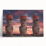 Black and white image of Easter Island statues on a stretched canvas, suitable for kitchen wall art.