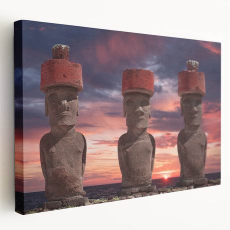 Easter Island statues print on stretched canvas, featuring gray and earth tones, suited for kitchen wall art.