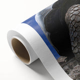 Art deco poster of Galapagos scenery on rolled canvas, featuring soft blue and green tones, ideal for nursery wall art.