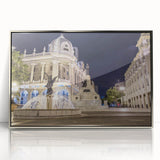 Mid-century modernist art depicting a serene Ecuadorian landscape in soft earth tones on a silver-framed acrylic print.