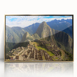 Framed acrylic print of Machu Picchu in muted earth tones, ideal for modern art wall decor.