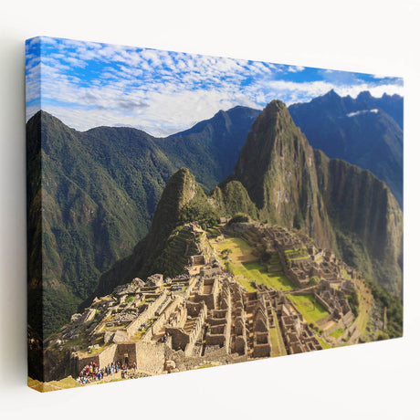 Panoramic view of Machu Picchu in muted earth tones on a large stretched canvas, suitable for kitchen wall art.