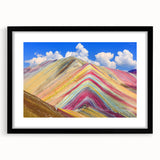 Colorful abstract art print of a stylized South American landscape, featuring vibrant hues on a large framed canvas.