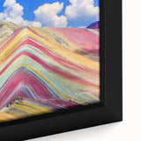 Framed canvas of a textured, colorful depiction of a Peruvian landscape in black, ideal for living room decor.