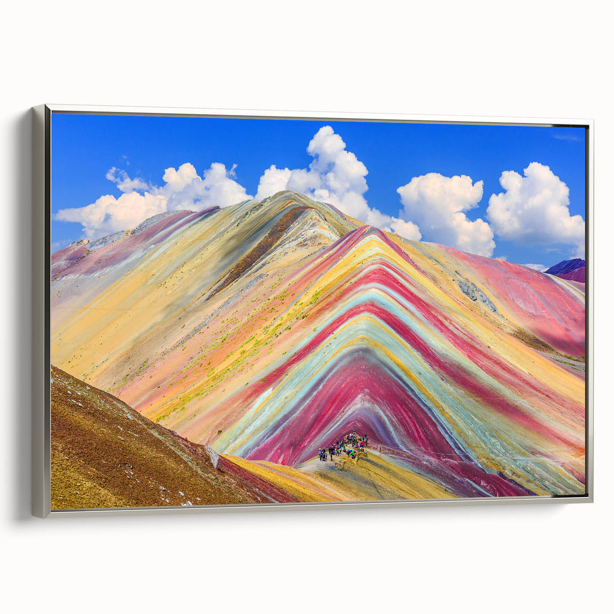 Framed canvas of a vintage-style Peruvian landscape painting in colorful tones, ideal for living room decor.