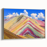 Framed canvas of a vintage-style Peruvian landscape painting in colorful tones, ideal for living room decor.