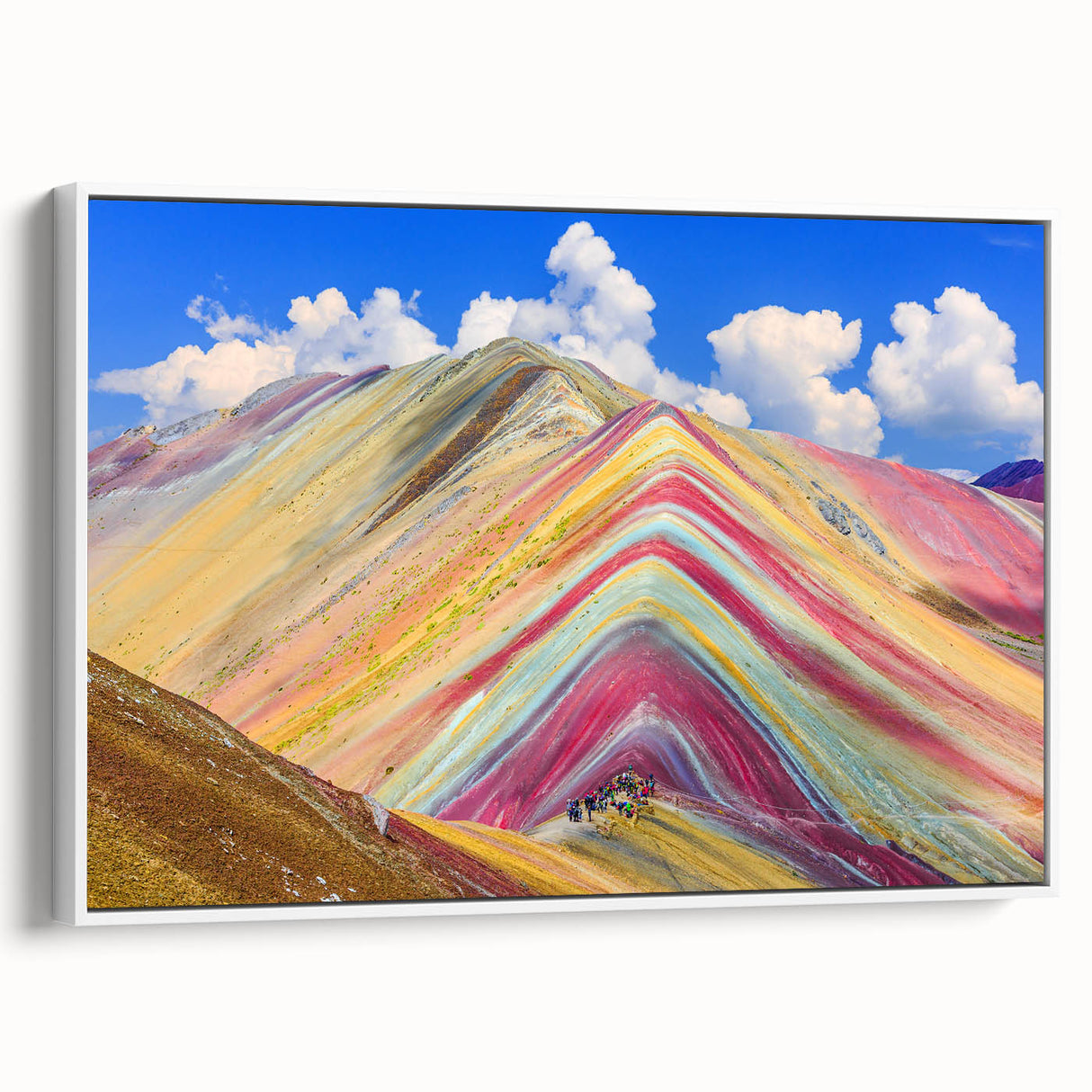 Vintage poster art of a Peruvian landscape on extra large framed canvas, featuring vibrant colors against a black background.