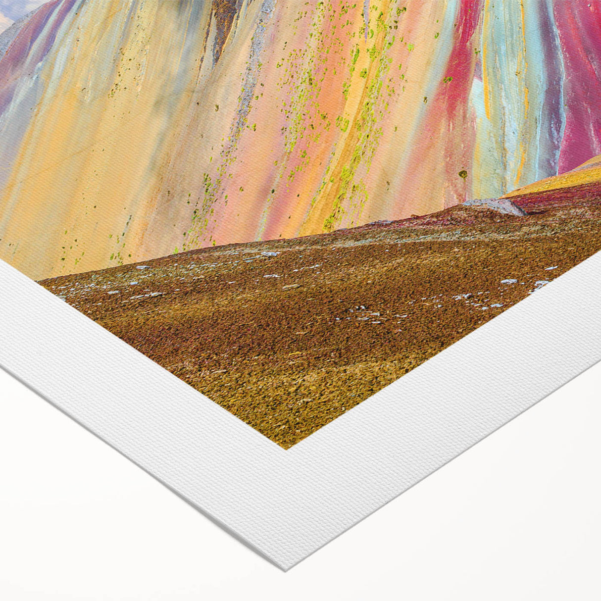 Art deco poster of a Peruvian landscape in soft earth tones on rolled canvas, suitable for dining room decor.