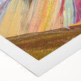 Art deco poster of a Peruvian landscape in soft earth tones on rolled canvas, suitable for dining room decor.