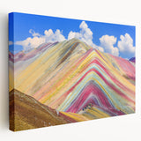 Side view of a large stretched canvas depicting a colorful Peruvian landscape, ideal for kitchen wall art.