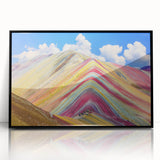 Large abstract wall art depicting a stylized South American scenery in muted earth tones, framed in black acrylic.