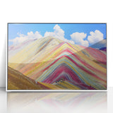 Art deco poster of a Peruvian landscape in muted earth tones, framed acrylic, ideal for modern bedroom ambiance.