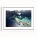 Abstract art print depicting a vibrant, stylized Venezuelan landscape on a white-framed canvas, ideal for dining room decor.