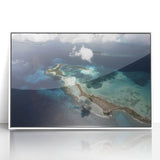 Art deco poster of a Venezuelan landscape in muted green and blue tones, framed acrylic, ideal for modern art wall decor.