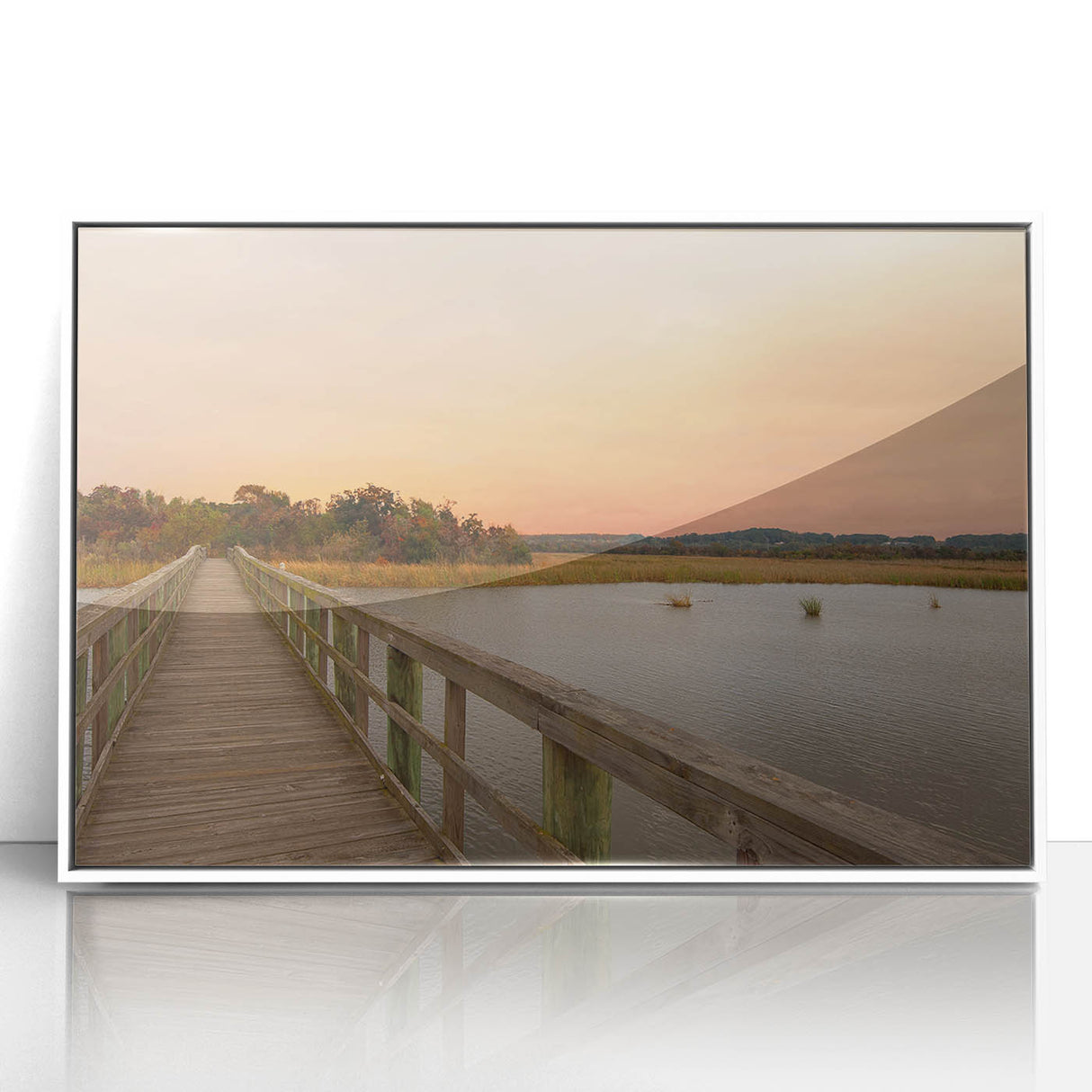 Art deco poster of Alabama scenery in muted pastels, white acrylic frame, suitable for modern nursery wall decor.