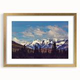 Extra large abstract art print of Denali, Alaska, featuring textured strokes in cool blue and gray tones, framed in gold.