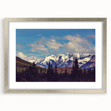 Textured art print of Denali, Alaska in abstract style with silver frame, ideal for bedroom wall decor.
