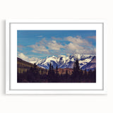 Abstract art print of Denali, Alaska, in muted earth tones on a framed canvas, suitable for bedroom or dining room decor.