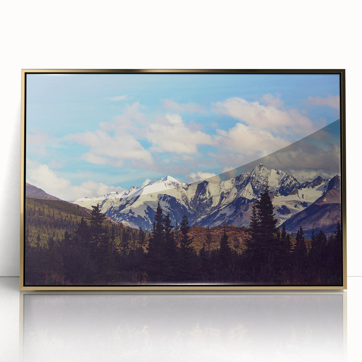 Mid-century modernist style large art print of Denali, Alaska in gold frame on acrylic, suitable for modern art wall decor.