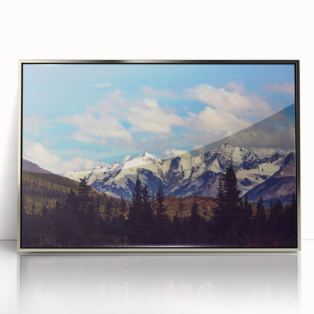 Mid-century modernist art depicting Denali, Alaska in muted earth tones on a framed acrylic print.