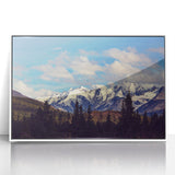 Denali National Park scenery on a white acrylic framed print, in art deco style, suitable for modern nursery decor.
