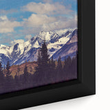 Extra large framed canvas featuring a textured depiction of Denali, Alaska in black with colorful accents.