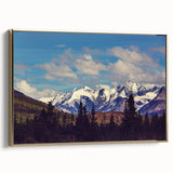 Framed canvas featuring a vintage-style landscape painting of Denali, Alaska, with muted earth tones.