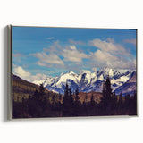 Landscape art painting of Denali, Alaska on a framed canvas, featuring vintage poster art style with black and colorful hues.