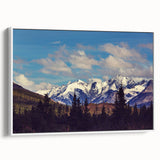 Vintage poster art of Denali, Alaska in vibrant colors on a framed canvas, ideal for living room decor.