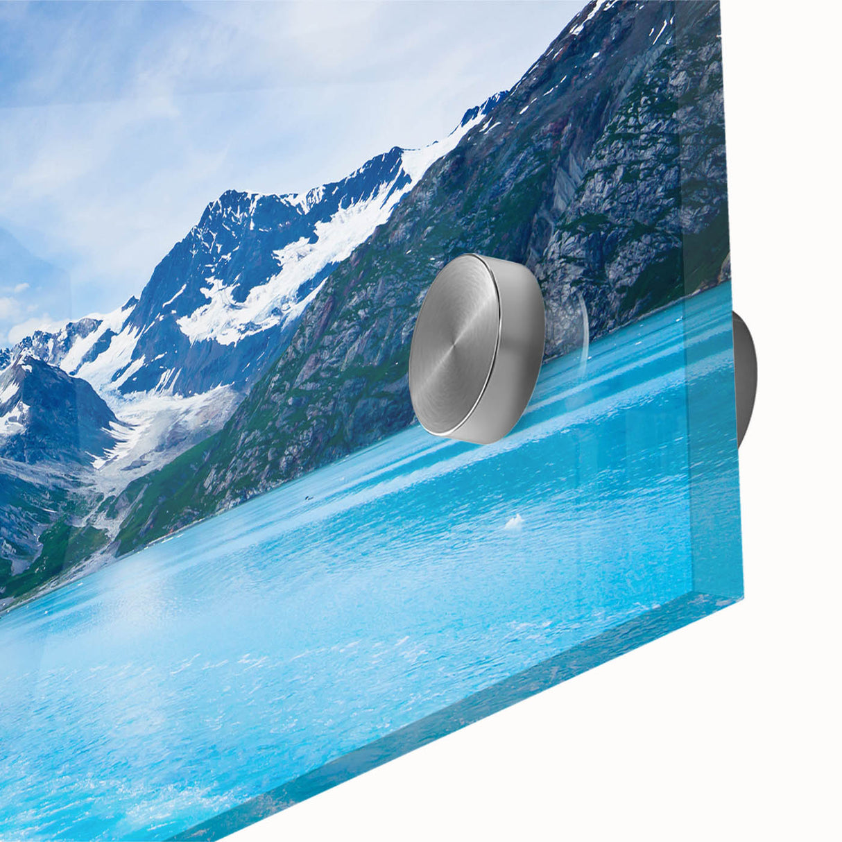 Large abstract depiction of Alaska scenery on acrylic glass, using muted gray and blue tones, suited for dining room art.
