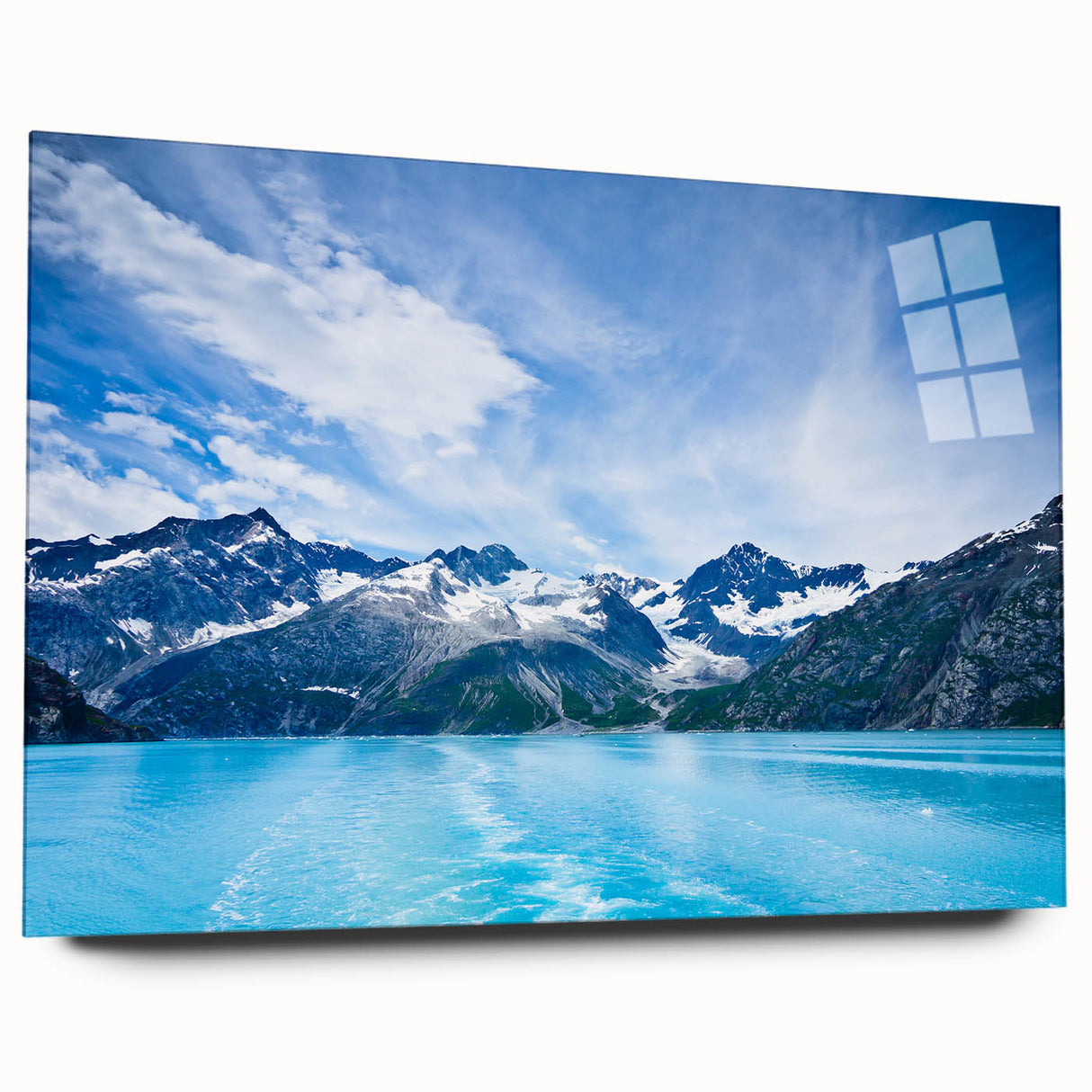 Large abstract wall art of Alaskan scenery in muted earth tones on acrylic glass, suitable for bedroom or dining room decor.