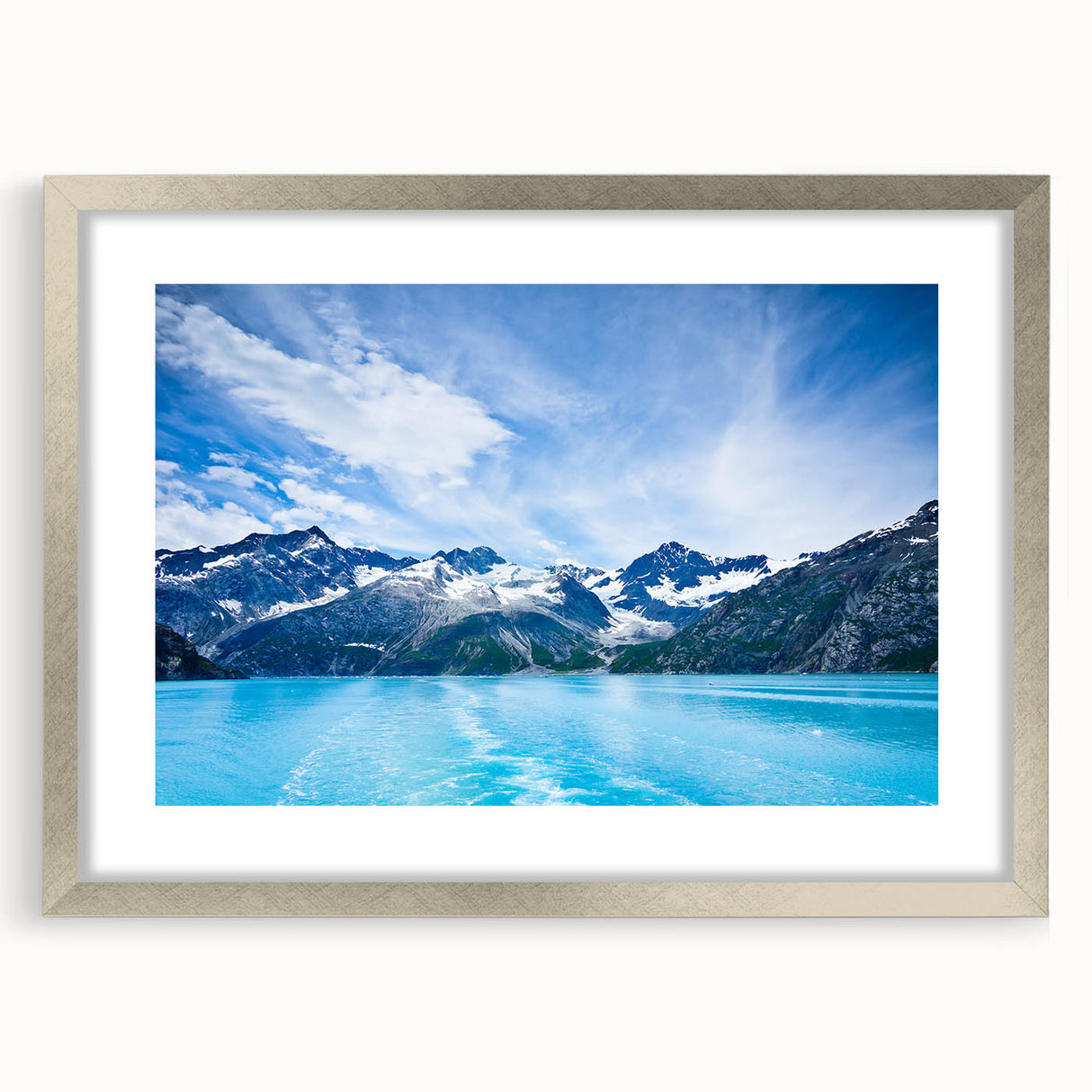 Textured art depicting abstract Alaska scenery in muted gray and silver hues on a framed print, suitable for bedroom decor.