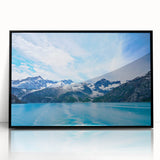 Large abstract wall art depicting an Alaskan landscape in muted gray and blue tones on a framed acrylic print.