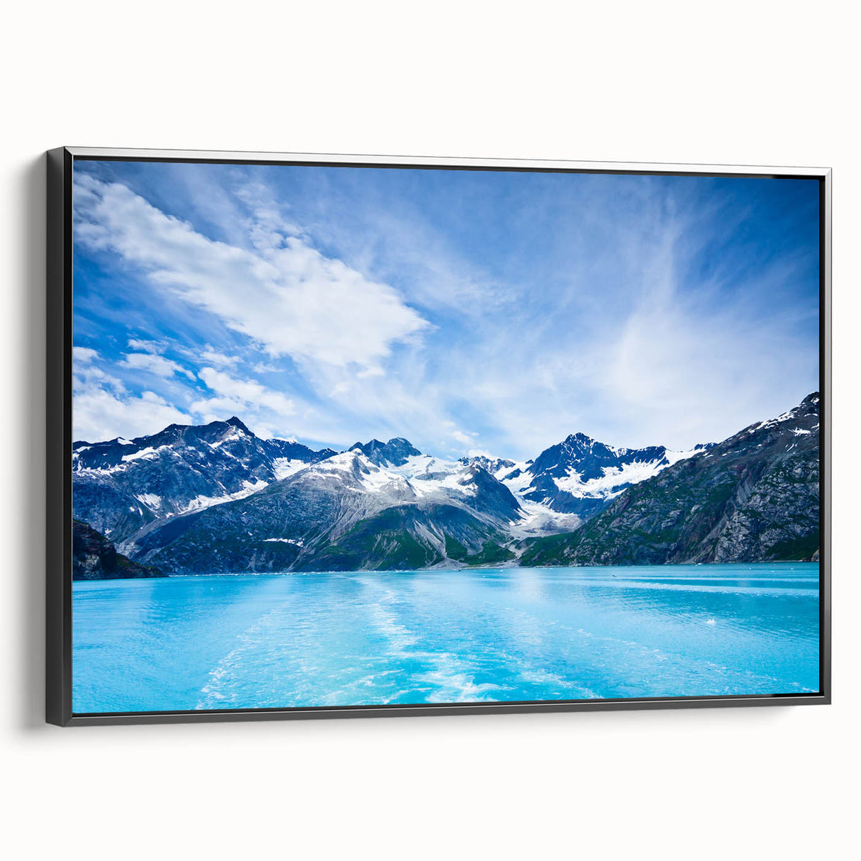 Black and white framed canvas of an Alaskan landscape, ideal for bedroom wall art in a vintage poster style.