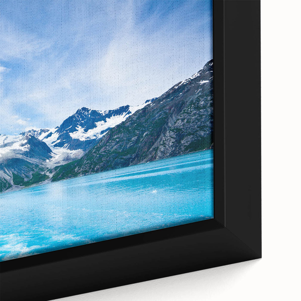 Extra large framed canvas featuring a textured depiction of an Alaskan landscape in black with colorful accents.