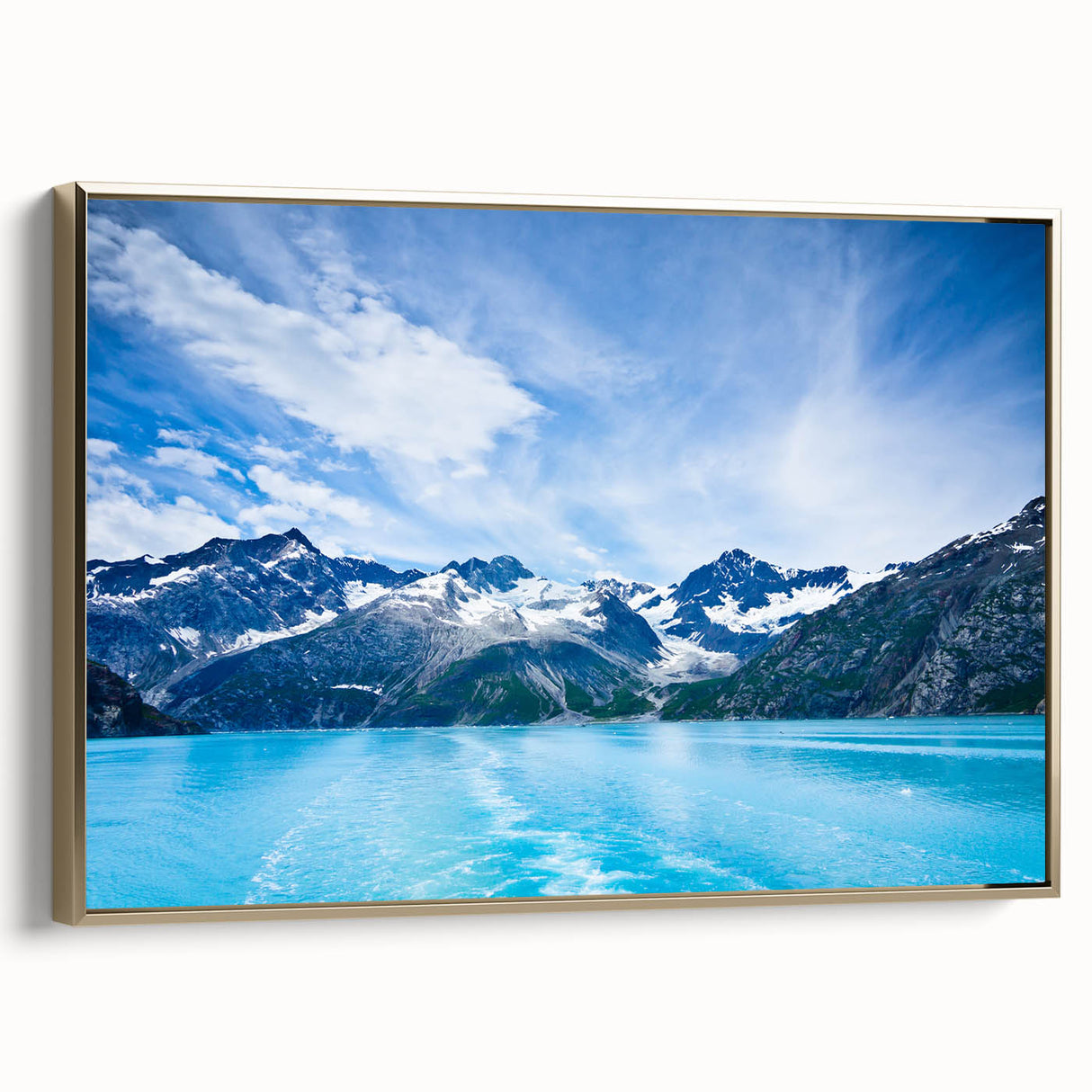 Vintage poster art of an Alaskan landscape on a framed canvas, featuring black and gold tones, ideal for bedroom wall decor.