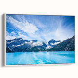 Vintage poster art of an Alaskan landscape on a framed canvas, featuring muted earth tones, perfect for living room decor.