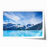 Scenic Alaska landscape on rolled canvas with vivid blue and green tones, suitable for dining room decor.