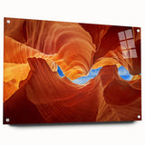 Acrylic print of Antelope Canyon in Arizona, displaying vivid orange and red rock formations.