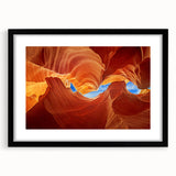 Extra large framed wall art of abstract Arizona Antelope Canyon in vibrant orange and red tones, ideal for living room decor.
